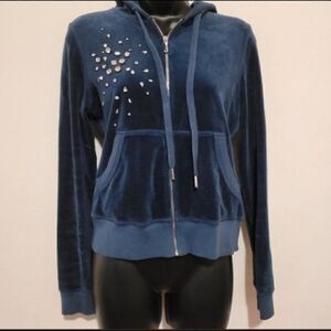 Juicy Couture Velour Track Pant Jacket. Dark Blue with Rhinestones. Size Med